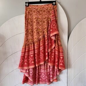 Rusttydustty Boho Asymmetrical Skirt Paisley Floral Ruffle Hem Viscose Medium